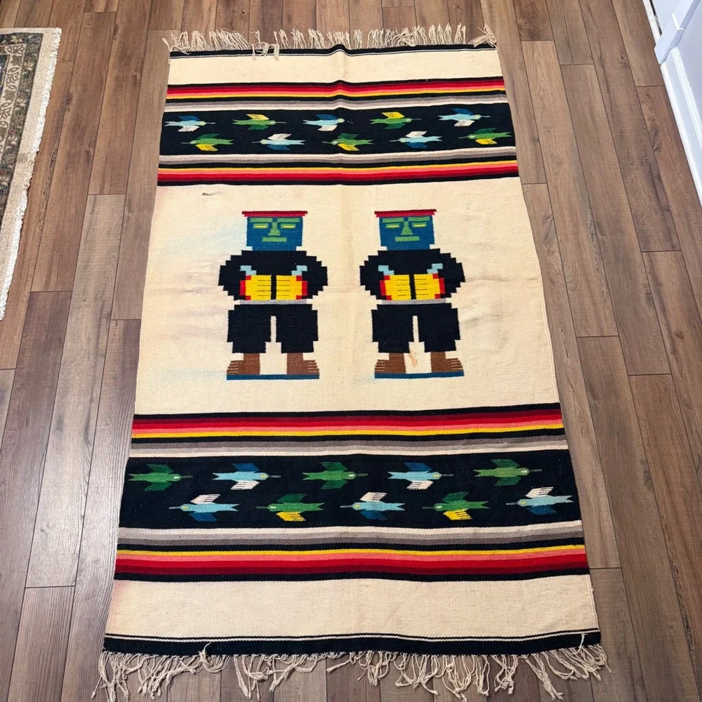 Vintage Zapotec Mexican Wool Rug Handwoven Pictorial Figural Birds 48x80 Oaxacan